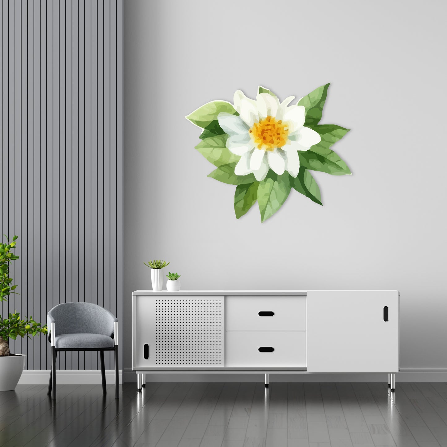 Custom Wall Decals - Whimsical Blooms: Watercolor White Flower and Leafy Splendor!