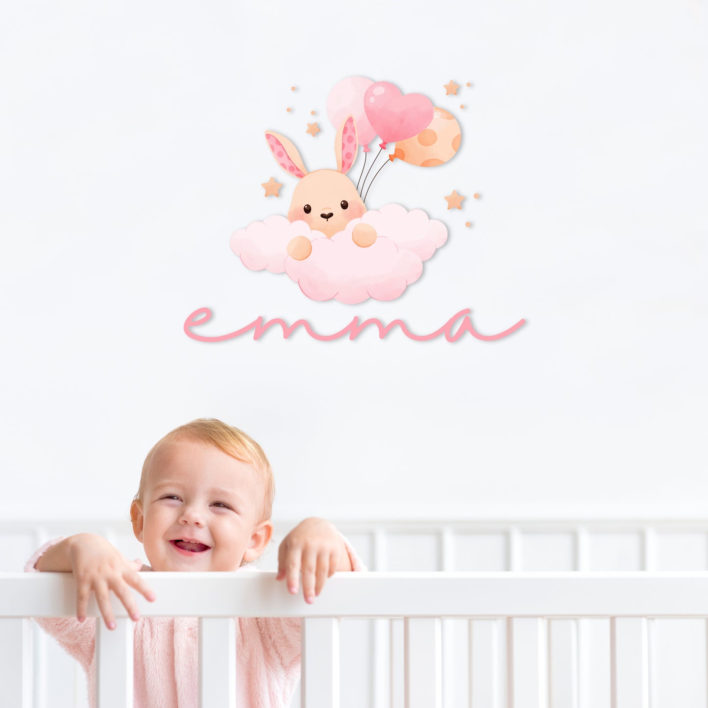 Custom Wall Decals - Custom Name Bunny Wonderland Wall Decal: Rabbit, Clouds, Balloons, and Stars