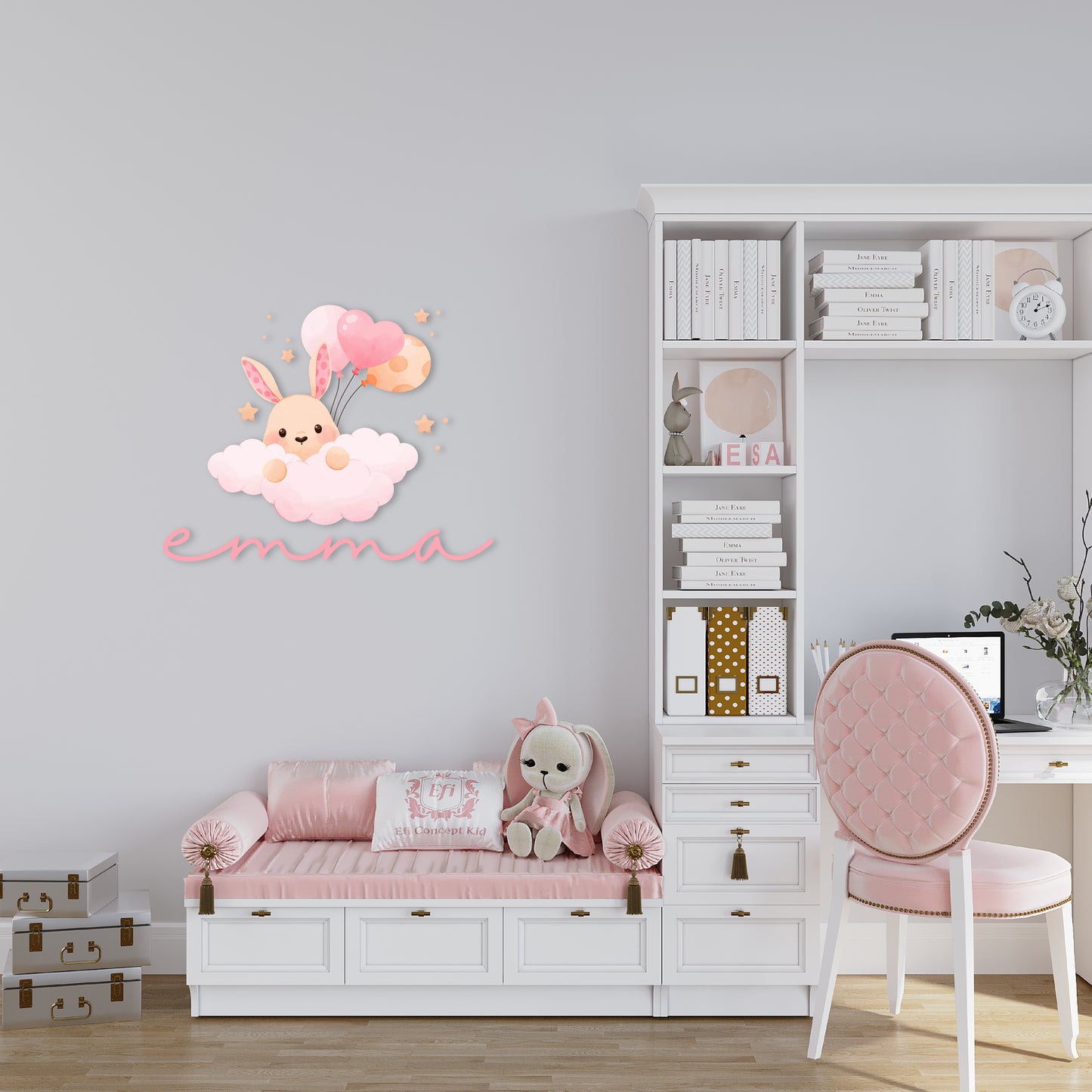 Custom Wall Decals - Custom Name Bunny Wonderland Wall Decal: Rabbit, Clouds, Balloons, and Stars