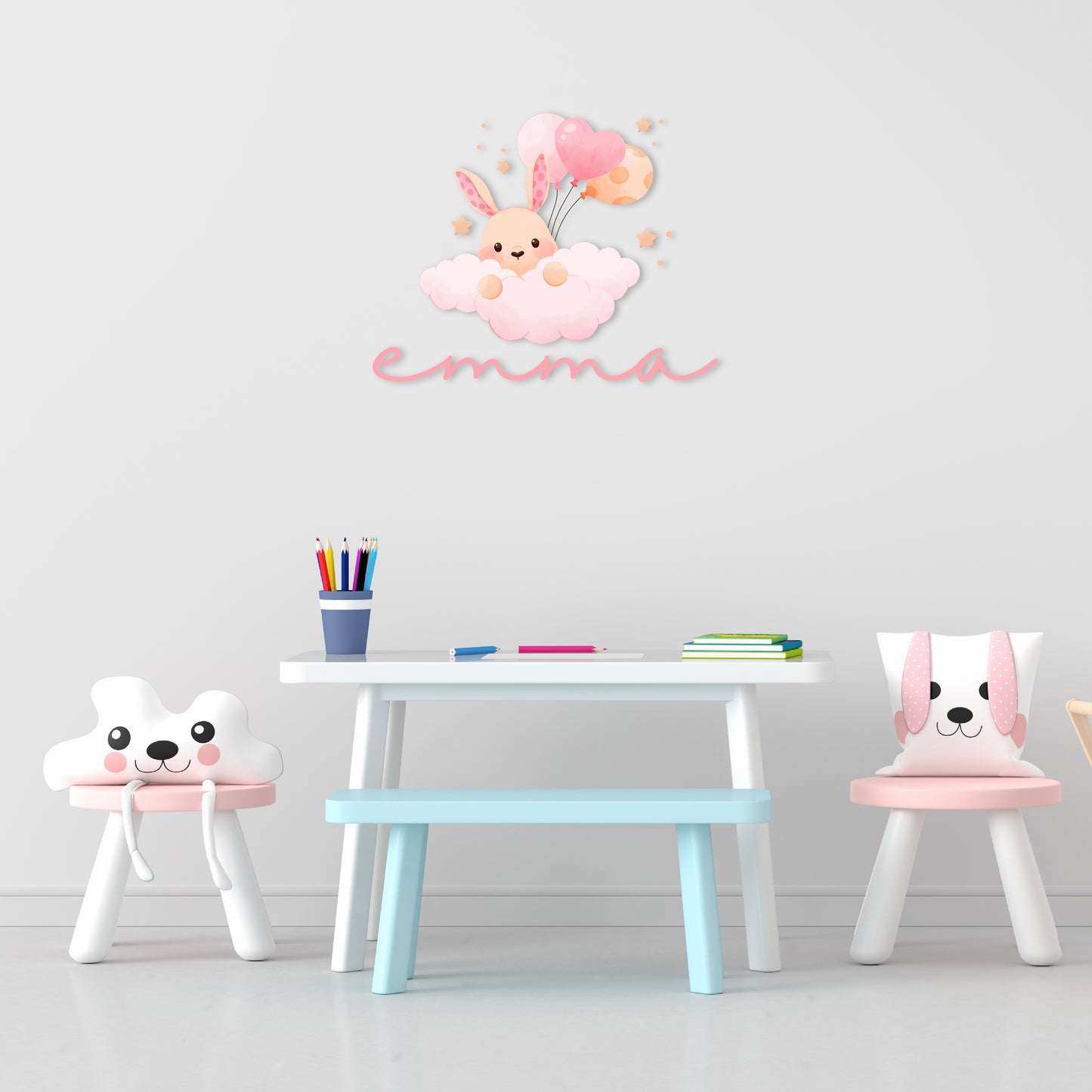 Custom Wall Decals - Custom Name Bunny Wonderland Wall Decal: Rabbit, Clouds, Balloons, and Stars