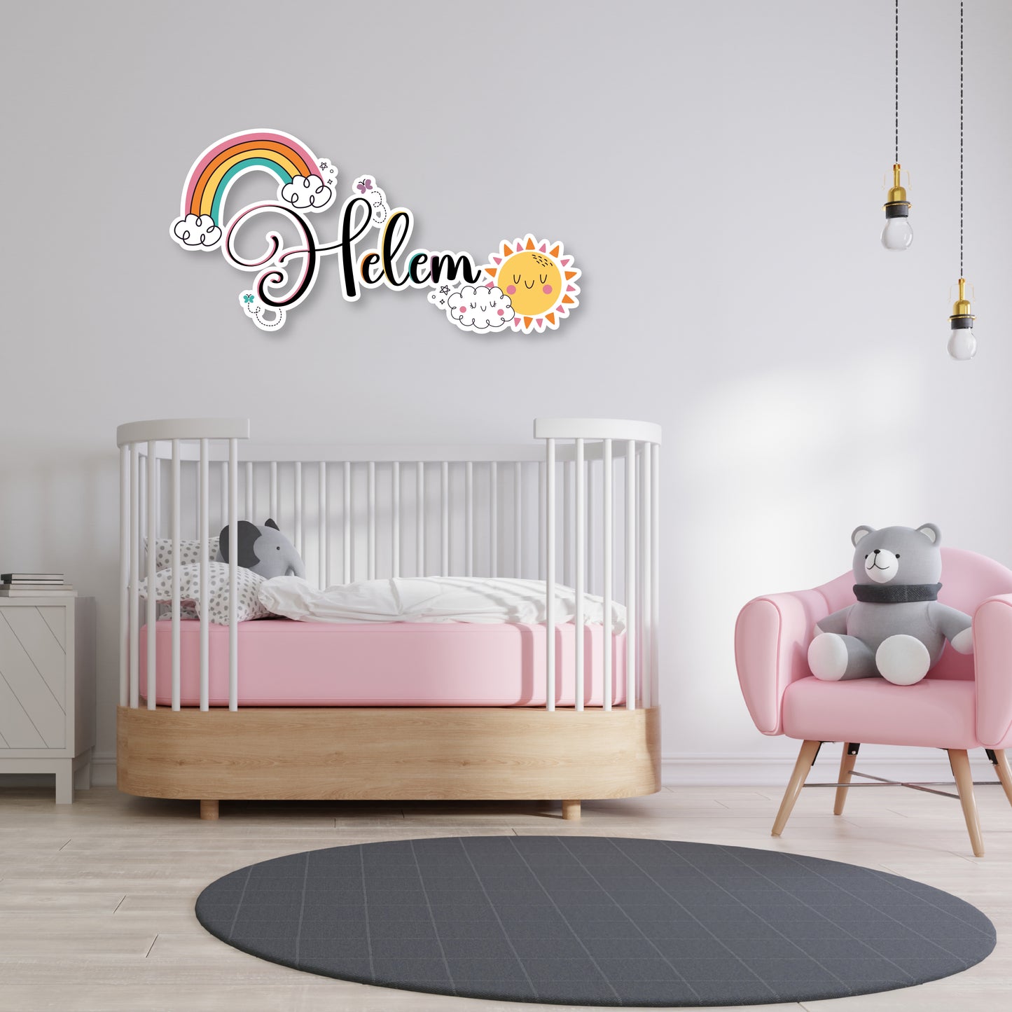 Custom Wall Decals - Custom Name Rainbow Dreams Wall Decal: Rainbow, Butterflies, Sun Hugging a Cloud