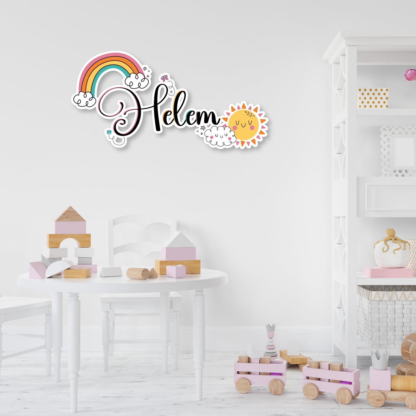 Custom Wall Decals - Custom Name Rainbow Dreams Wall Decal: Rainbow, Butterflies, Sun Hugging a Cloud