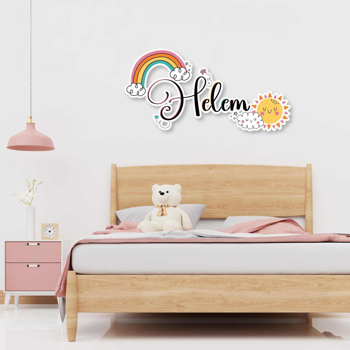 Custom Wall Decals - Custom Name Rainbow Dreams Wall Decal: Rainbow, Butterflies, Sun Hugging a Cloud