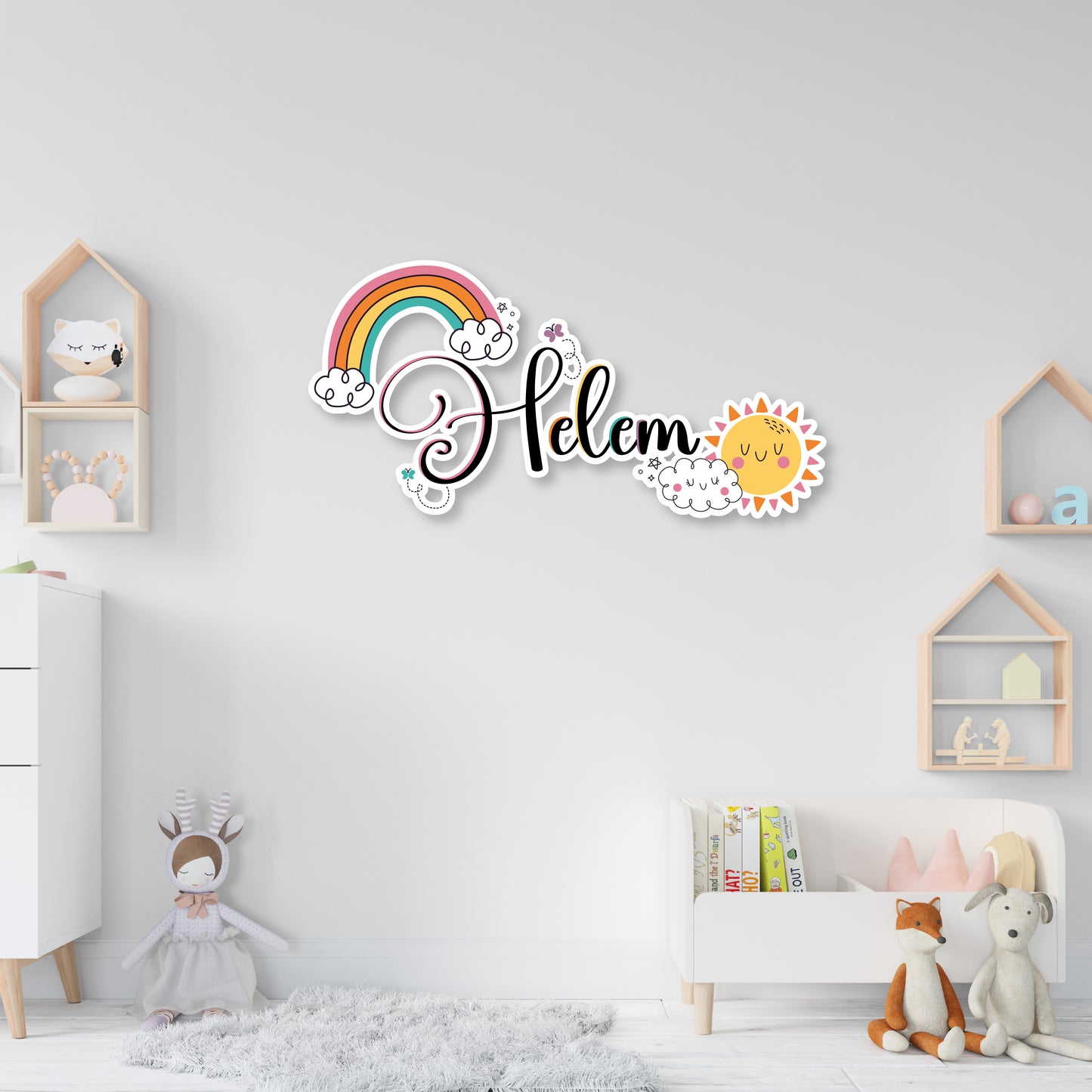 Custom Wall Decals - Custom Name Rainbow Dreams Wall Decal: Rainbow, Butterflies, Sun Hugging a Cloud