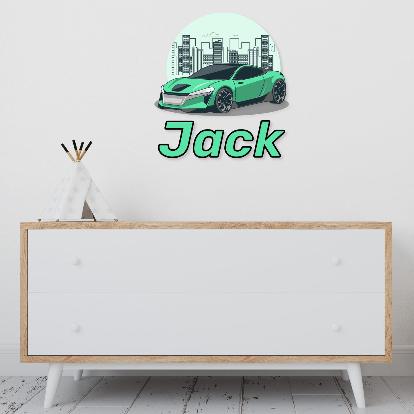 Custom Wall Decals - Custom Name Green City Drive Wall Decal: Green Sports Car with Cityscape Background