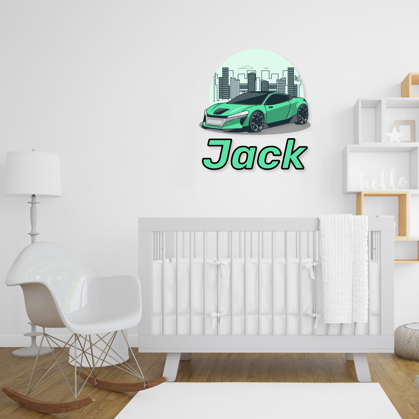 Custom Wall Decals - Custom Name Green City Drive Wall Decal: Green Sports Car with Cityscape Background