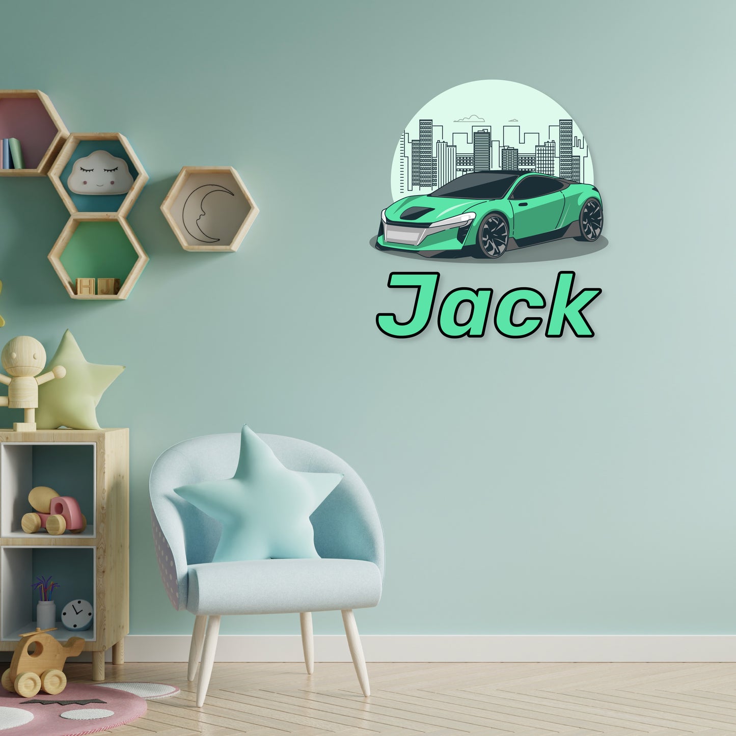 Custom Wall Decals - Custom Name Green City Drive Wall Decal: Green Sports Car with Cityscape Background