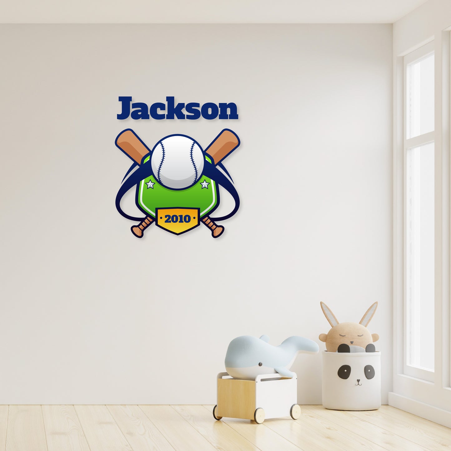 Custom Wall Decals - Custom Name Baseball Play Wall Decal: Ball, Bats, Baseball Diamonds, Text (Year)