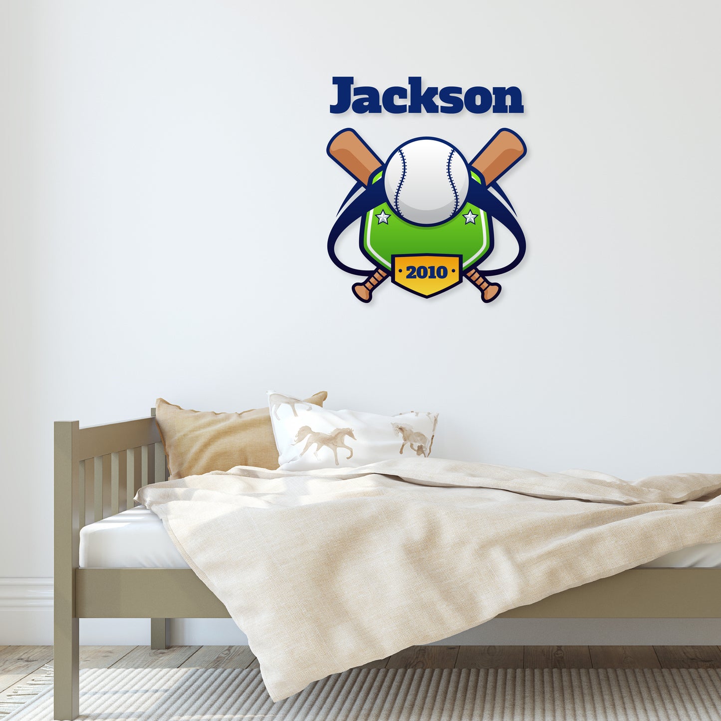 Custom Wall Decals - Custom Name Baseball Play Wall Decal: Ball, Bats, Baseball Diamonds, Text (Year)