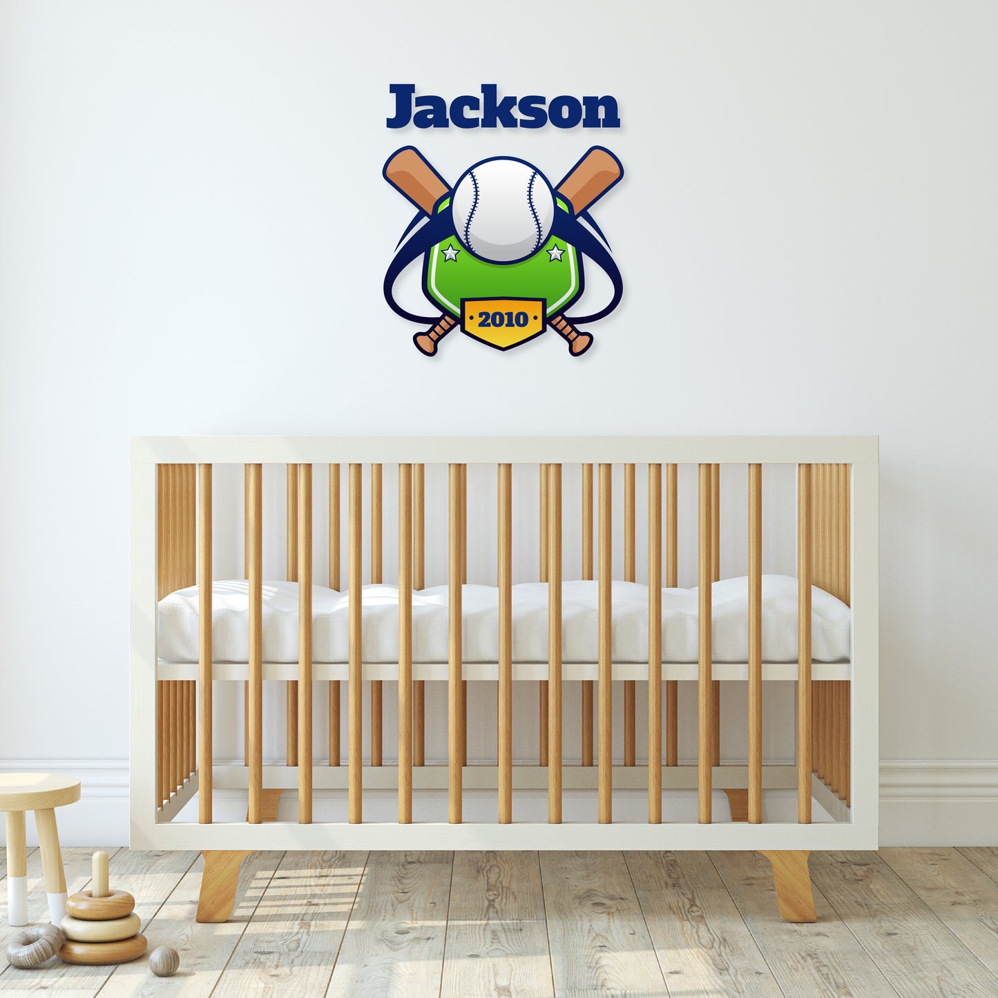 Custom Wall Decals - Custom Name Baseball Play Wall Decal: Ball, Bats, Baseball Diamonds, Text (Year)