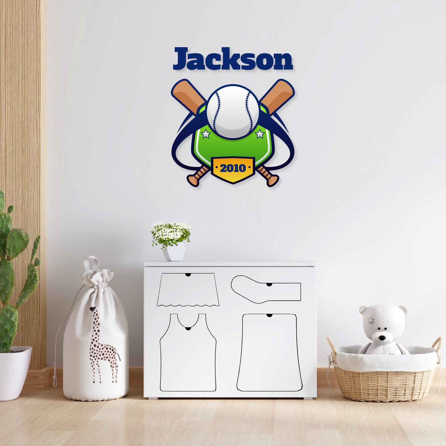 Custom Wall Decals - Custom Name Baseball Play Wall Decal: Ball, Bats, Baseball Diamonds, Text (Year)