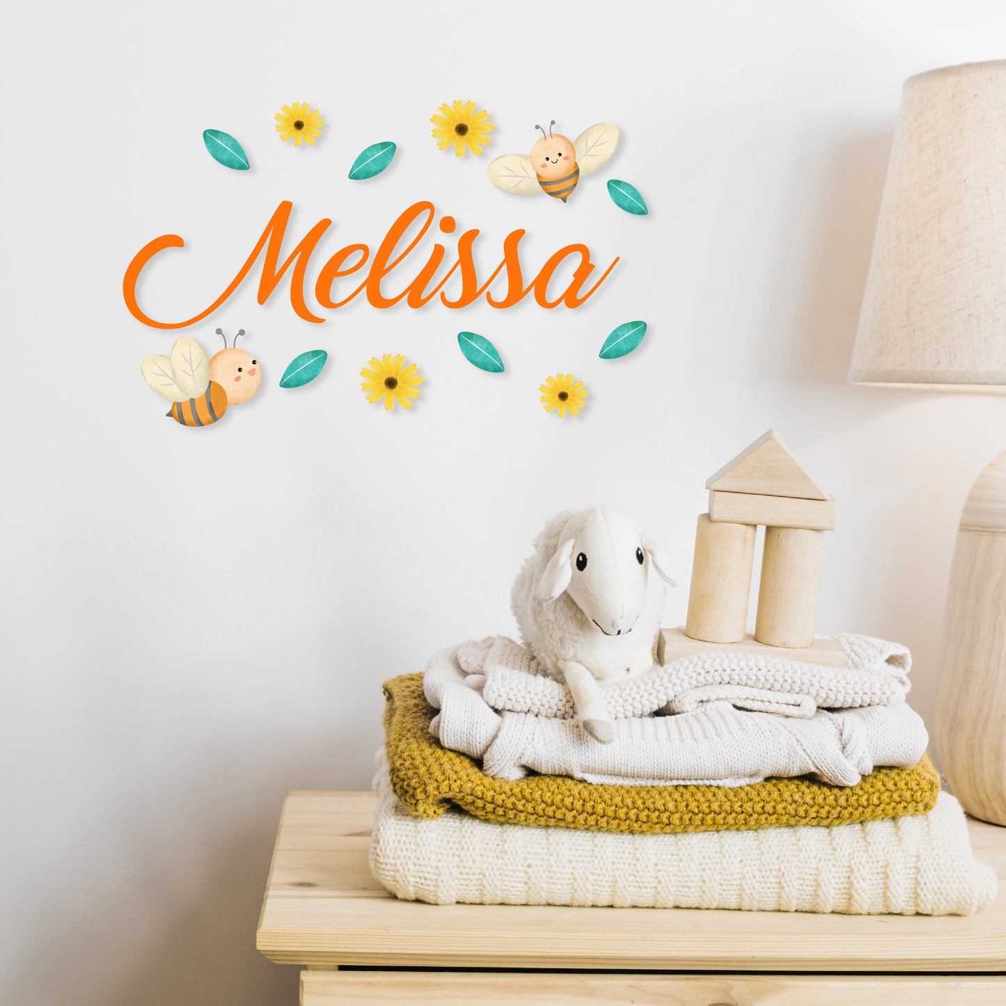 Custom Wall Decals -Custom Name Bee's Garden Wall Decal: Bees, Flowers, and Leaves