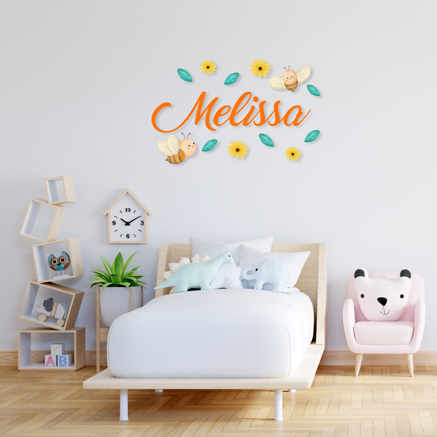 Custom Wall Decals -Custom Name Bee's Garden Wall Decal: Bees, Flowers, and Leaves