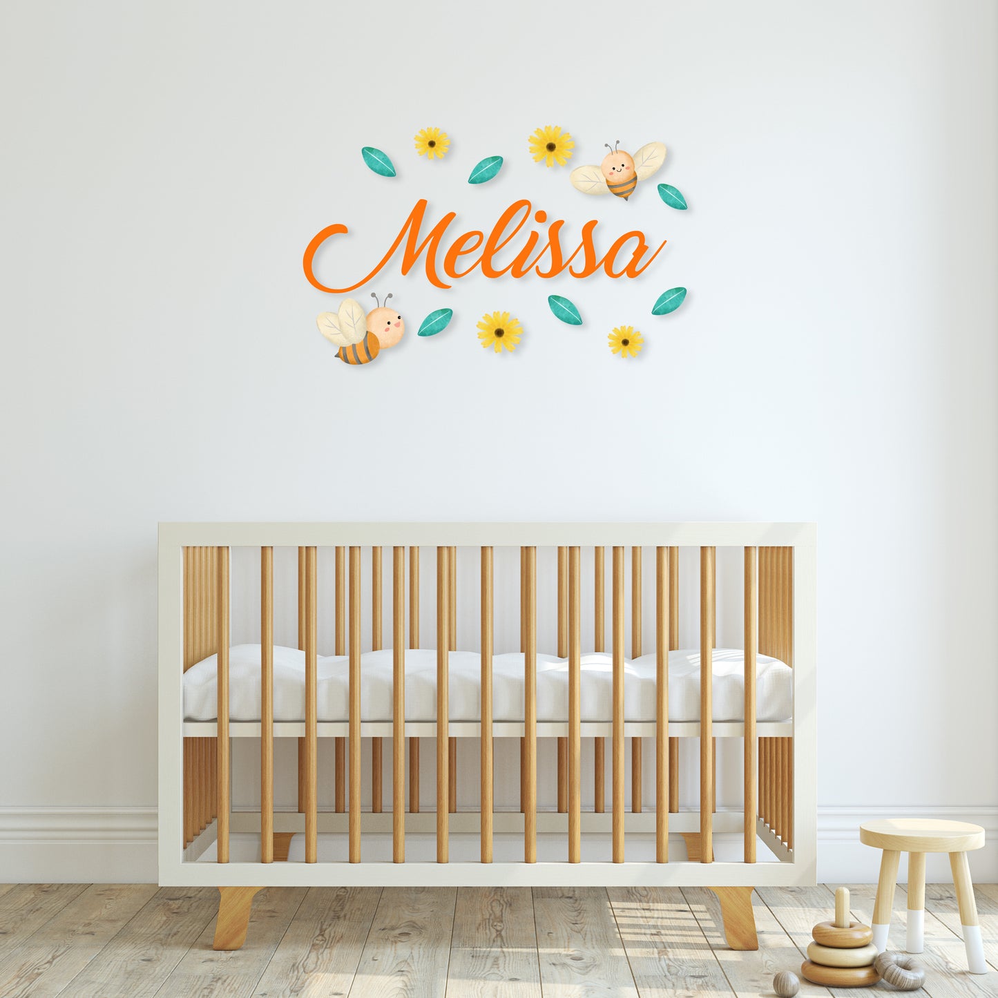 Custom Wall Decals -Custom Name Bee's Garden Wall Decal: Bees, Flowers, and Leaves