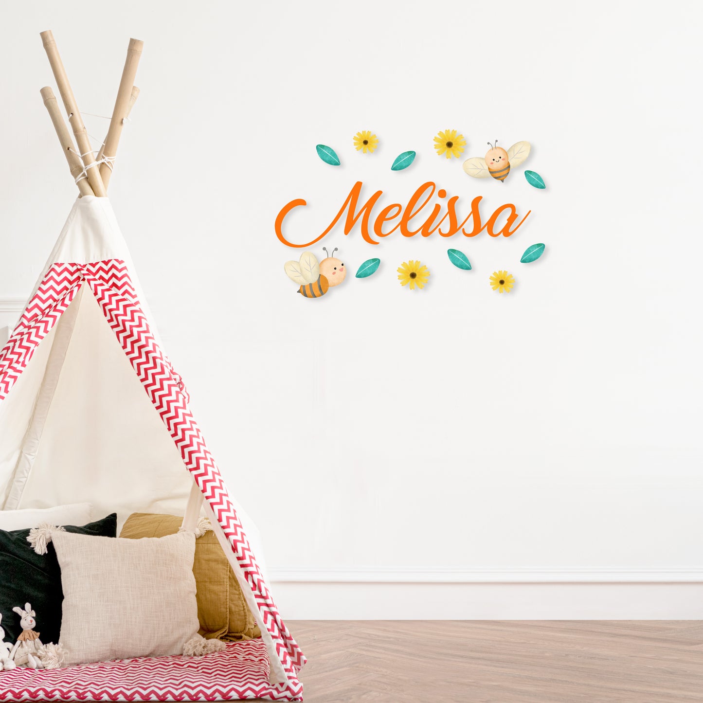Custom Wall Decals -Custom Name Bee's Garden Wall Decal: Bees, Flowers, and Leaves