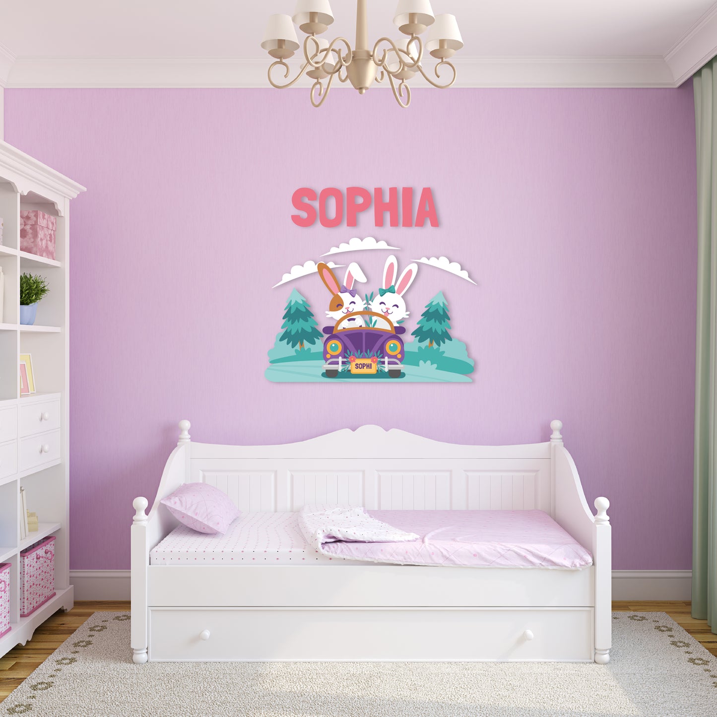 Custom Wall Decals - Custom Name Bunny Travelers Wall Decal: Rabbit Couple Traveling in a Car