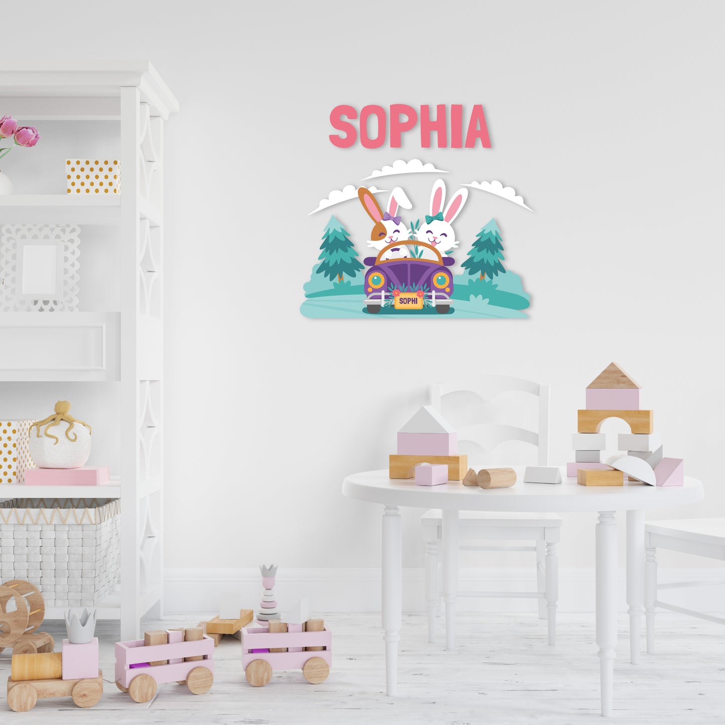 Custom Wall Decals - Custom Name Bunny Travelers Wall Decal: Rabbit Couple Traveling in a Car