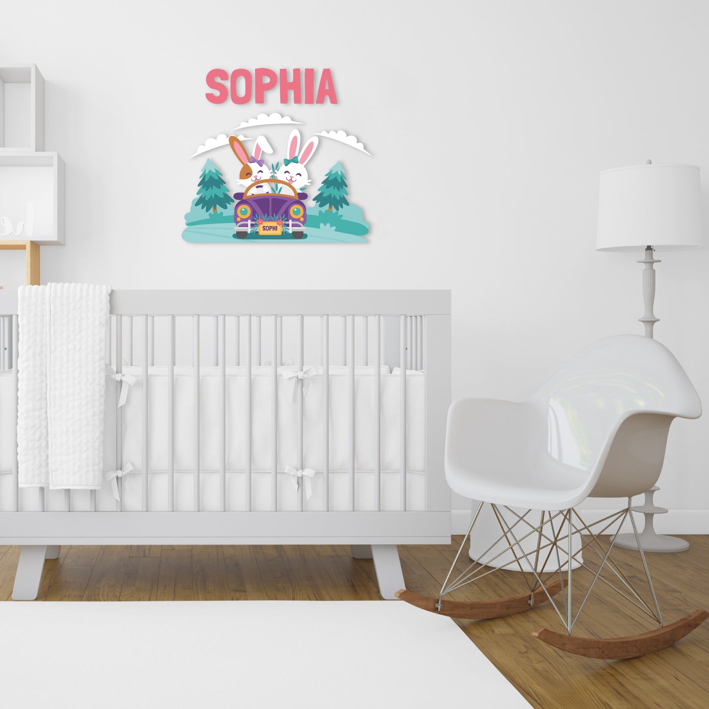 Custom Wall Decals - Custom Name Bunny Travelers Wall Decal: Rabbit Couple Traveling in a Car