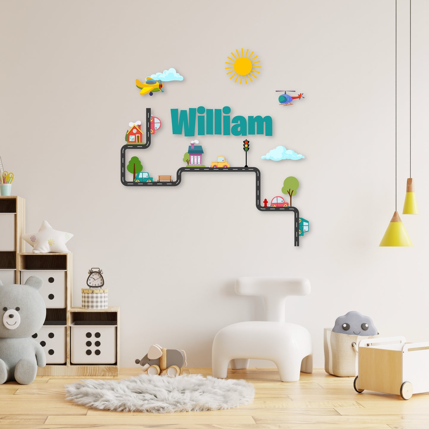 Custom Wall Decals - Custom Name Neighborhood Drive Wall Decal: Cars and Trees in a Quaint Setting