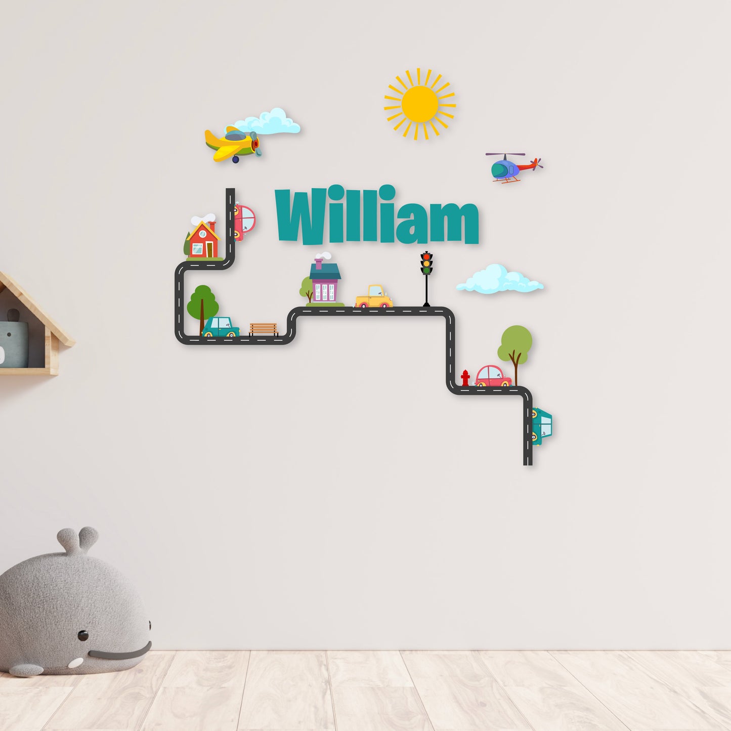 Custom Wall Decals - Custom Name Neighborhood Drive Wall Decal: Cars and Trees in a Quaint Setting