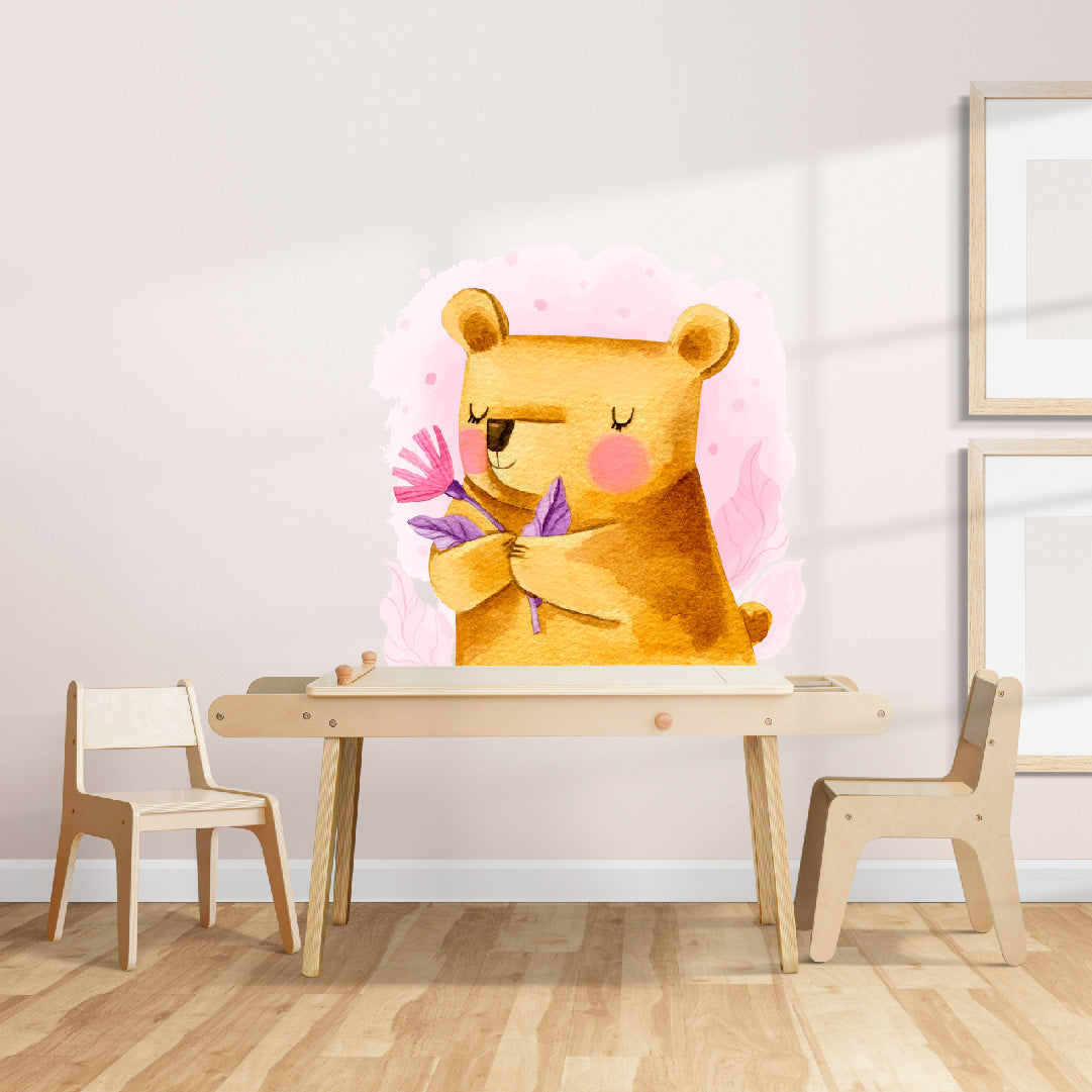 Custom Wall Decals - Nature's Embrace: Watercolor Bear with Plants Wall Decal Harmony