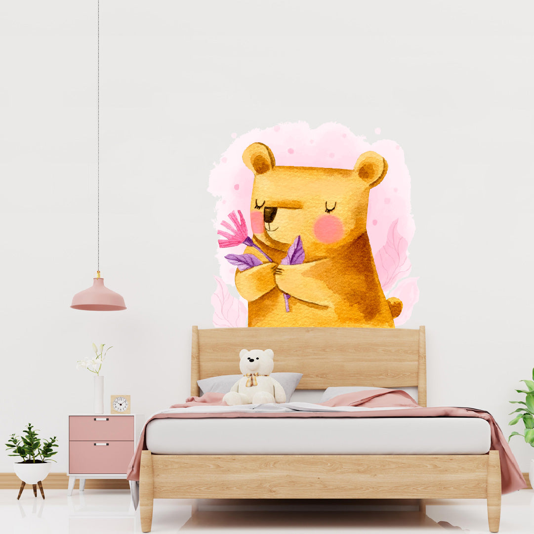 Custom Wall Decals - Nature's Embrace: Watercolor Bear with Plants Wall Decal Harmony