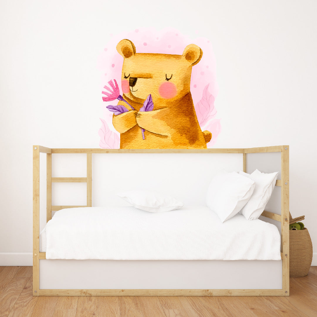 Custom Wall Decals - Nature's Embrace: Watercolor Bear with Plants Wall Decal Harmony