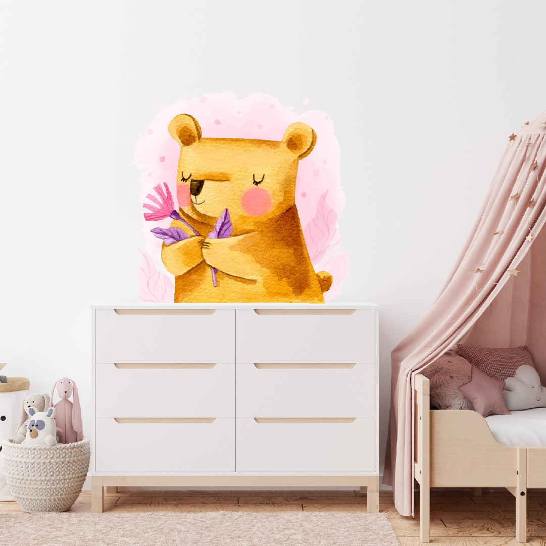 Custom Wall Decals - Nature's Embrace: Watercolor Bear with Plants Wall Decal Harmony