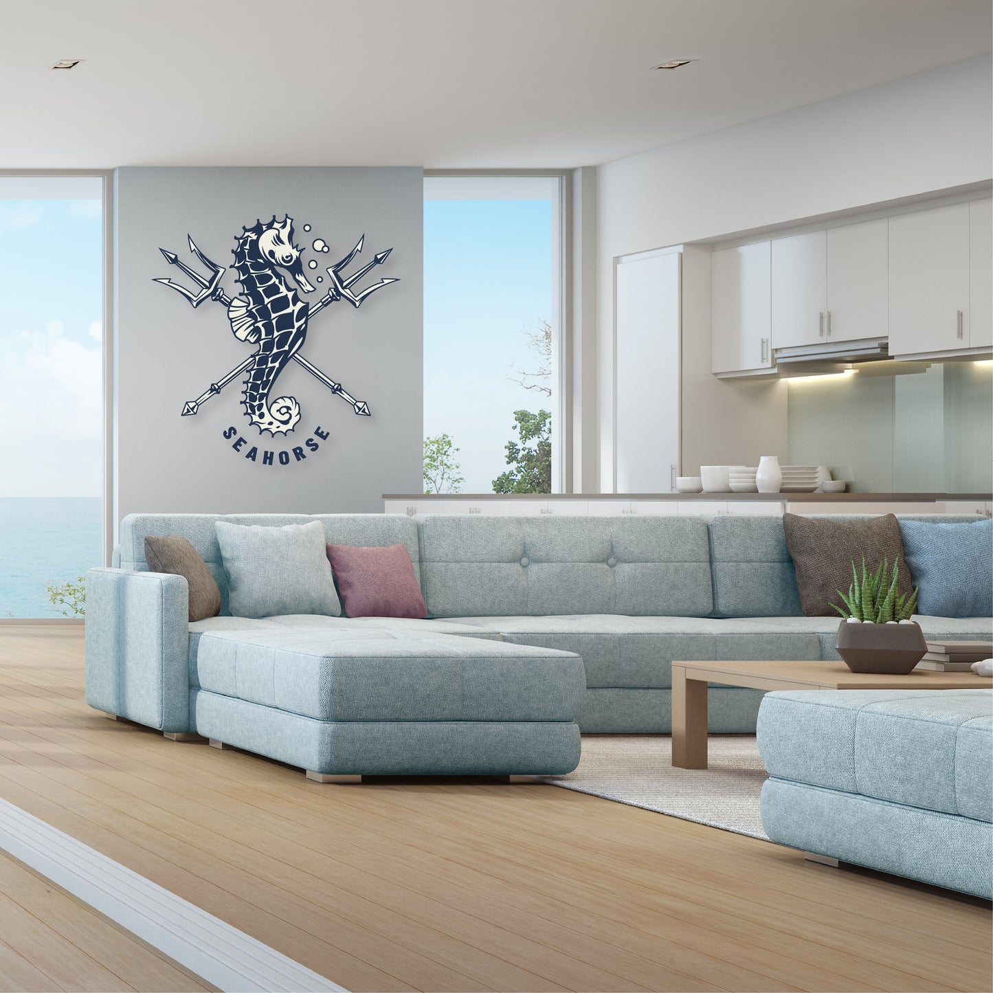 Custom Wall Decals - Seahorse Serenade: Seahorse with Trident and Text Wall Decal Elegance