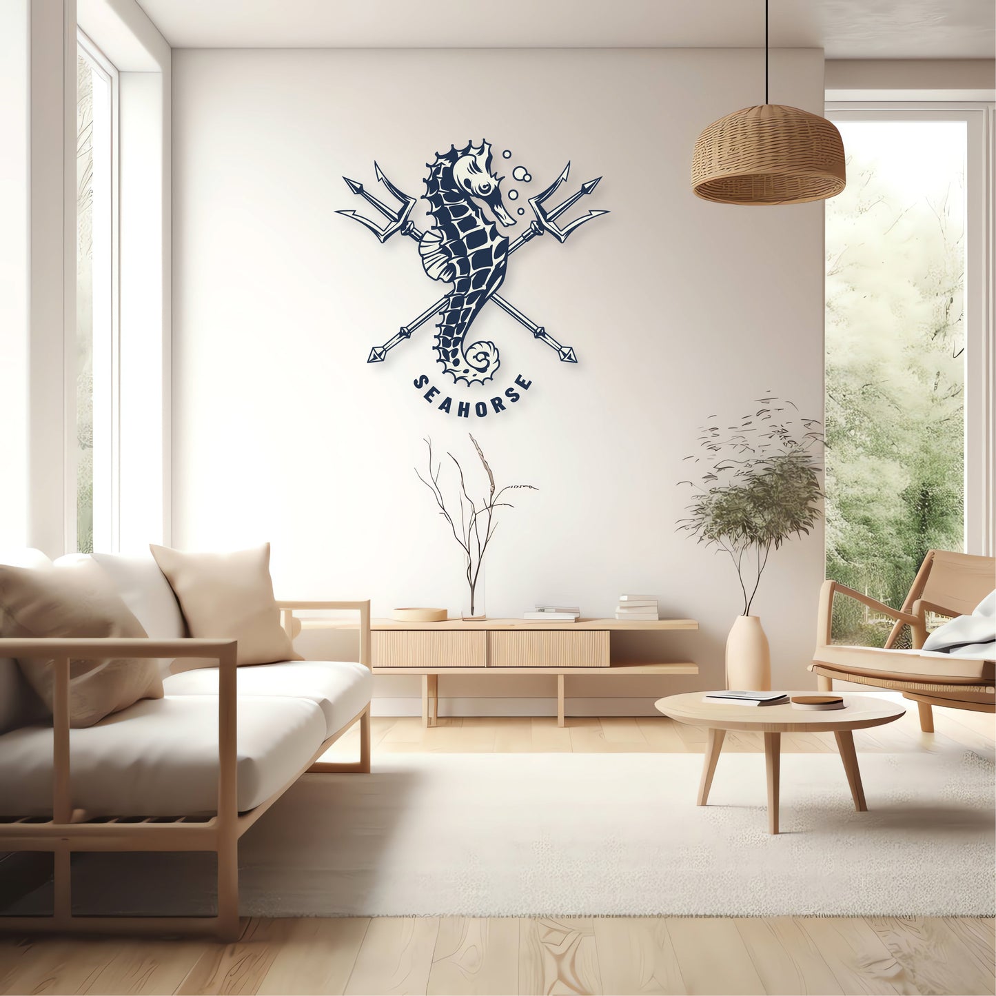 Custom Wall Decals - Seahorse Serenade: Seahorse with Trident and Text Wall Decal Elegance