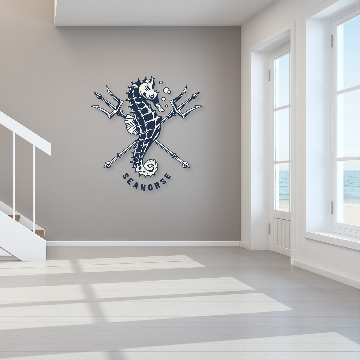 Custom Wall Decals - Seahorse Serenade: Seahorse with Trident and Text Wall Decal Elegance