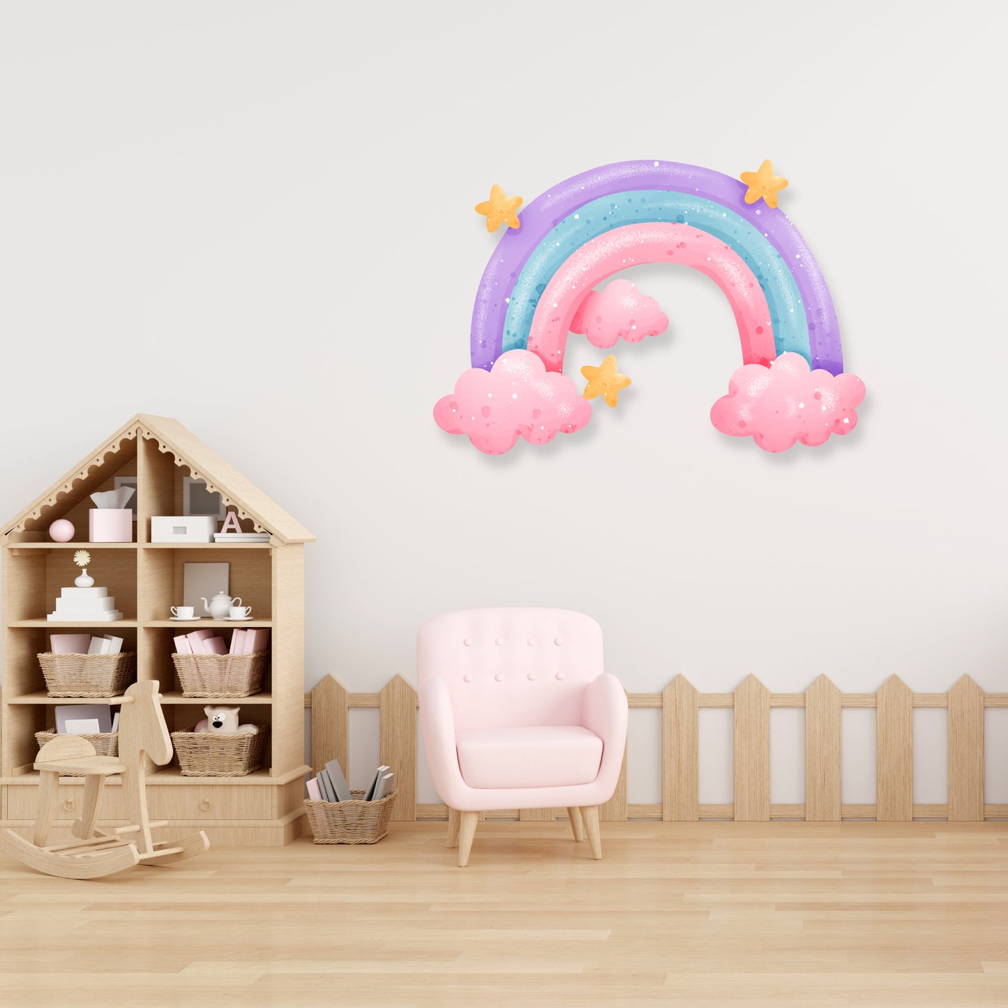 Custom Wall Decals - Rainbow Skies: Wall Decal with Stars, Clouds, and Colorful Bliss!