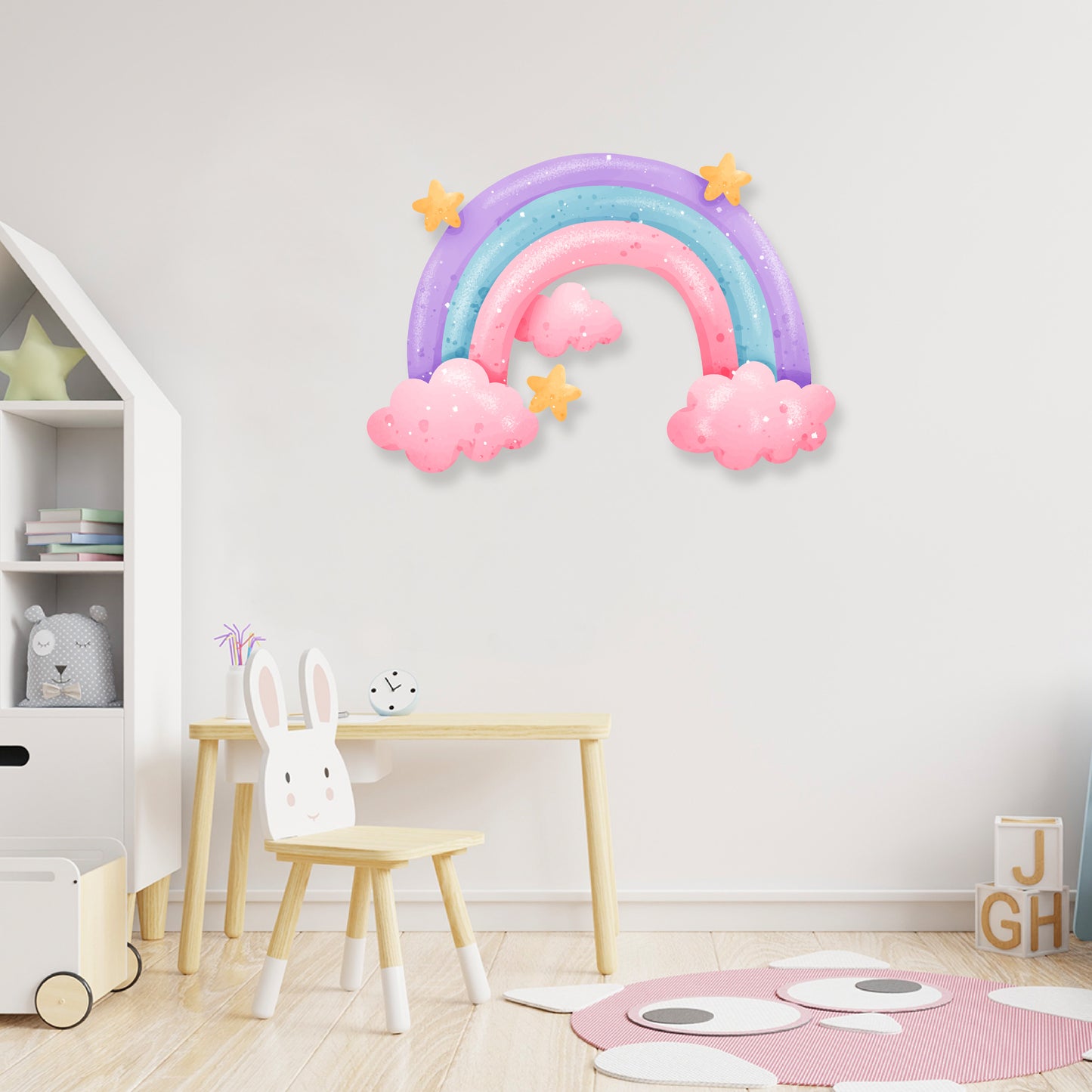 Custom Wall Decals - Rainbow Skies: Wall Decal with Stars, Clouds, and Colorful Bliss!