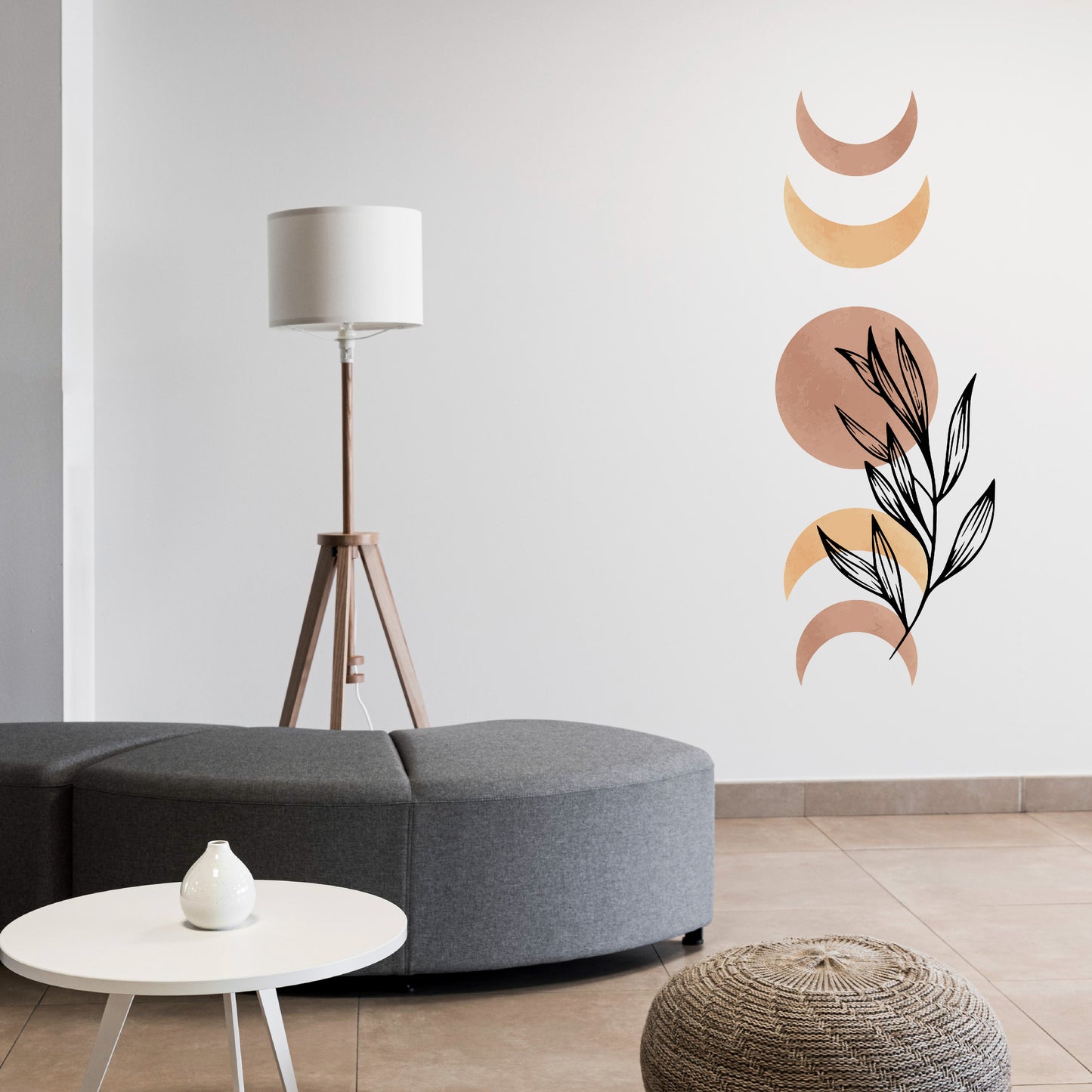 Custom Wall Decals - Lunar Harmony: Moon Phases Wall Decal Dance with a Flourishing Plant