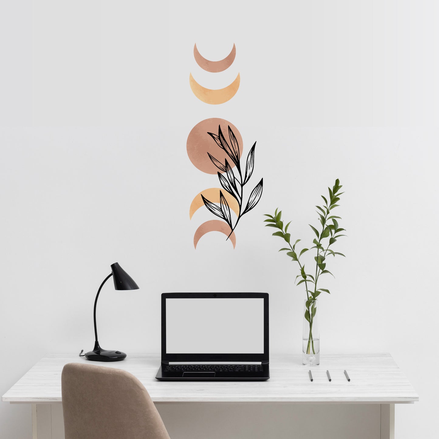 Custom Wall Decals - Lunar Harmony: Moon Phases Wall Decal Dance with a Flourishing Plant