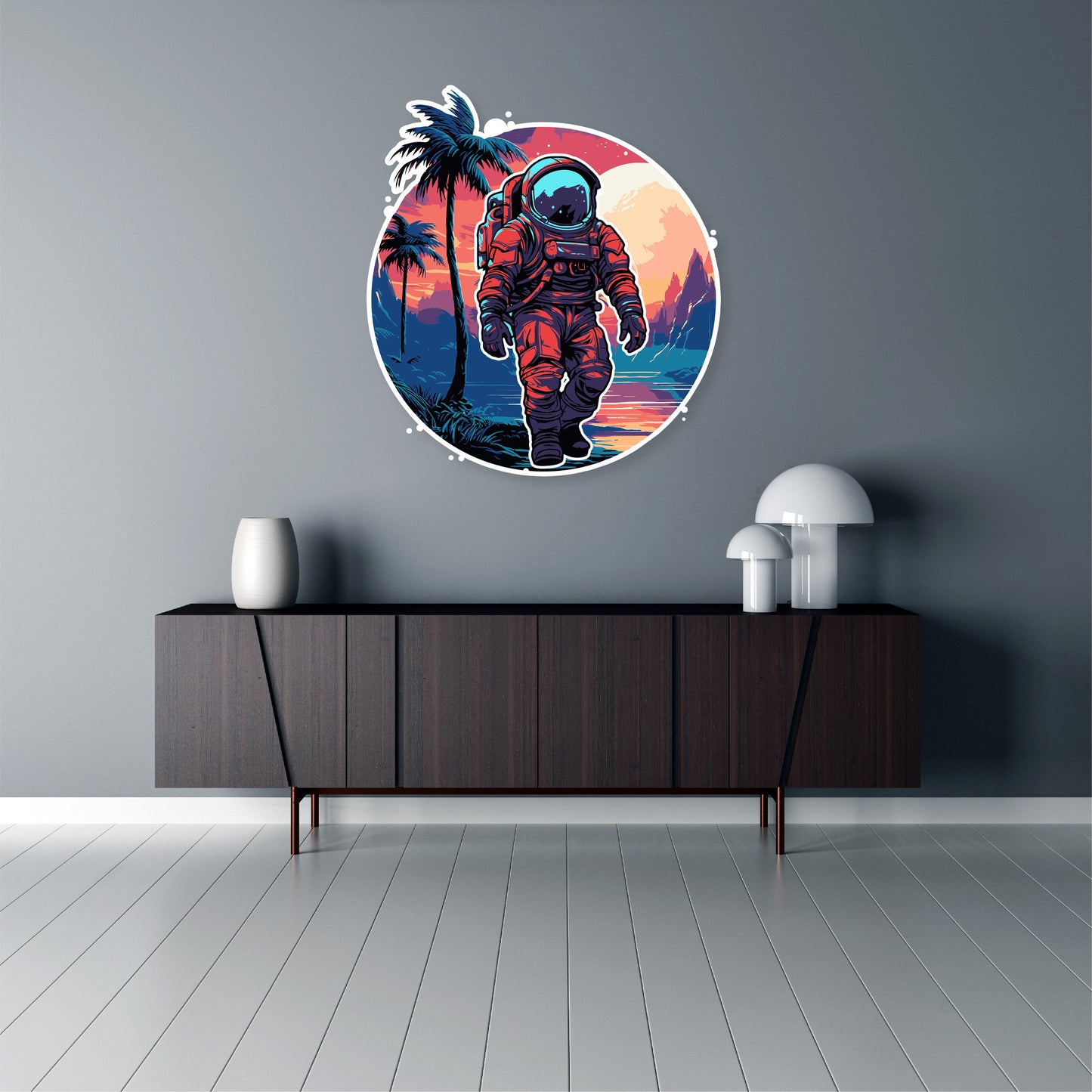 Custom Wall Decals - Cosmic Oasis: Astronaut and Palm Tree Wall Decal Adventure!