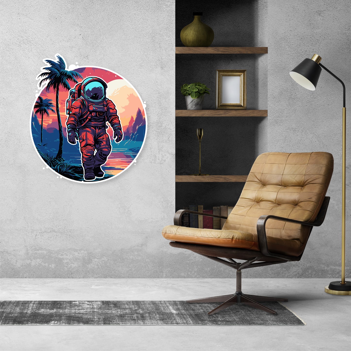 Custom Wall Decals - Cosmic Oasis: Astronaut and Palm Tree Wall Decal Adventure!