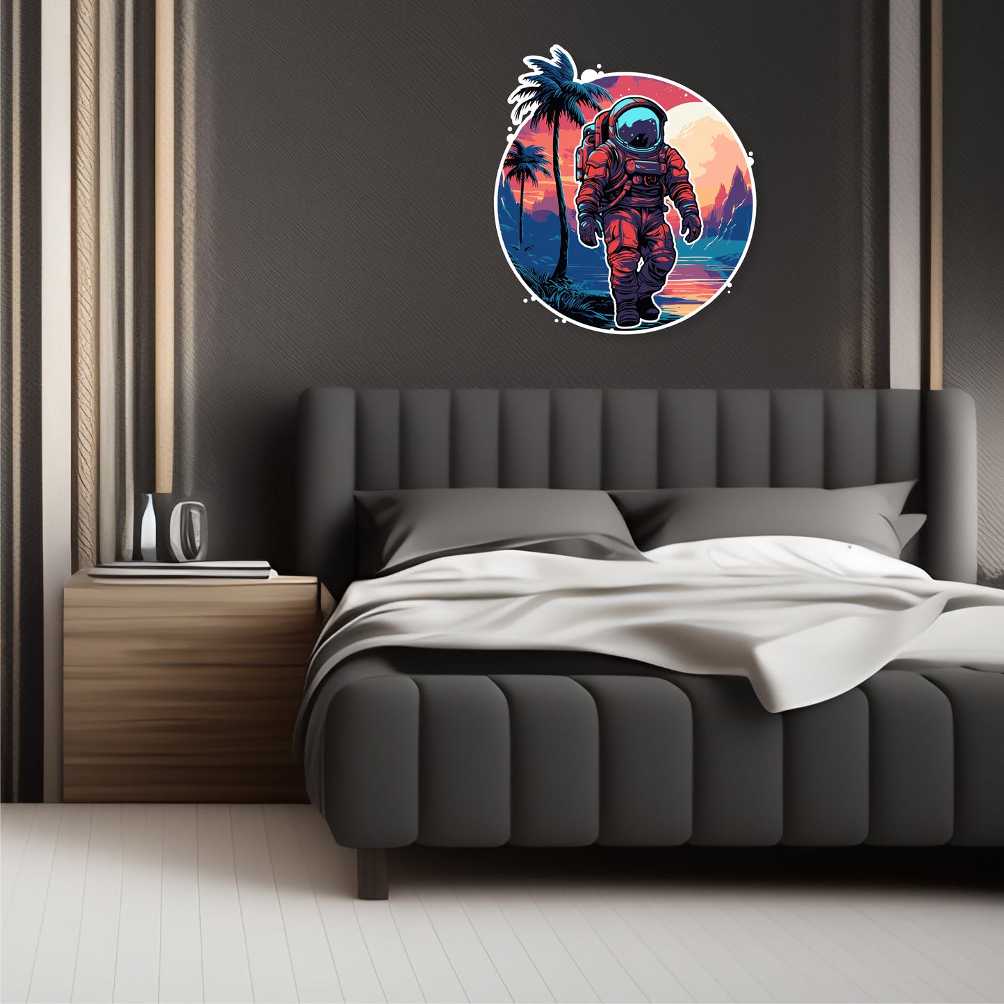 Custom Wall Decals - Cosmic Oasis: Astronaut and Palm Tree Wall Decal Adventure!