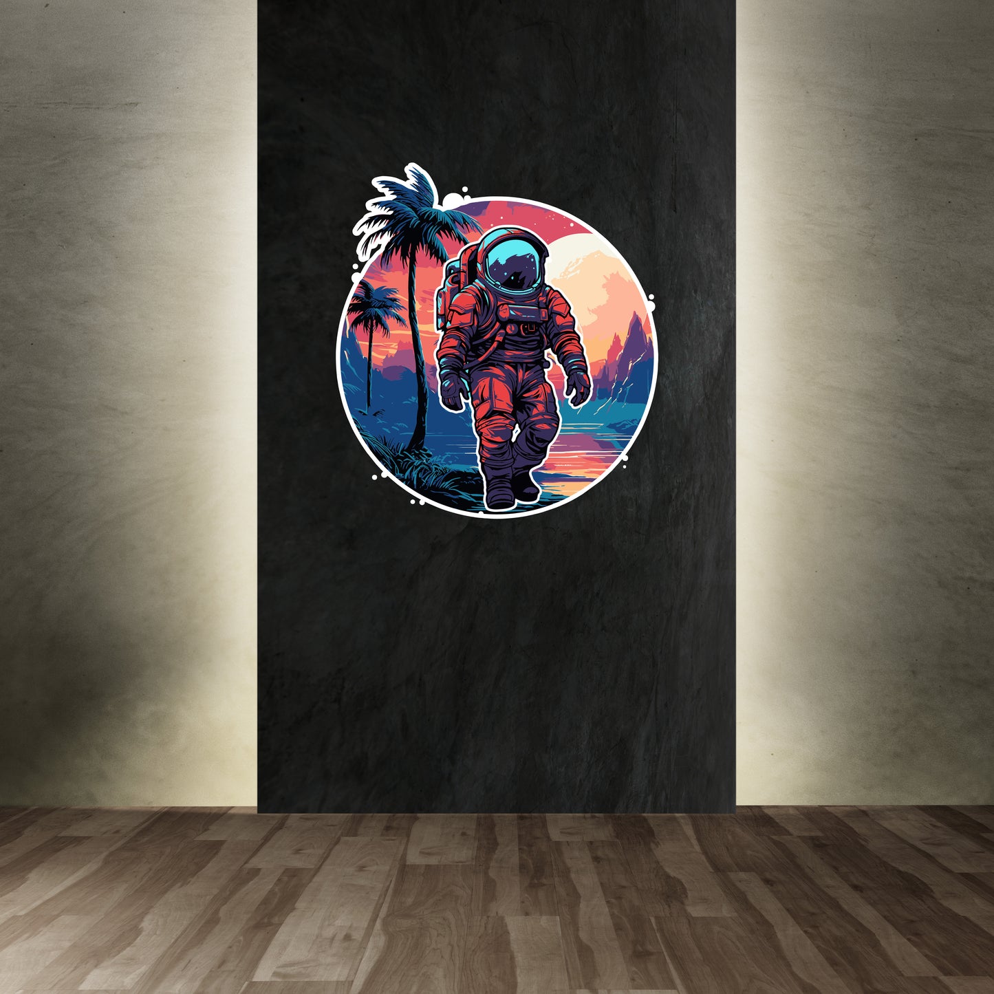 Custom Wall Decals - Cosmic Oasis: Astronaut and Palm Tree Wall Decal Adventure!