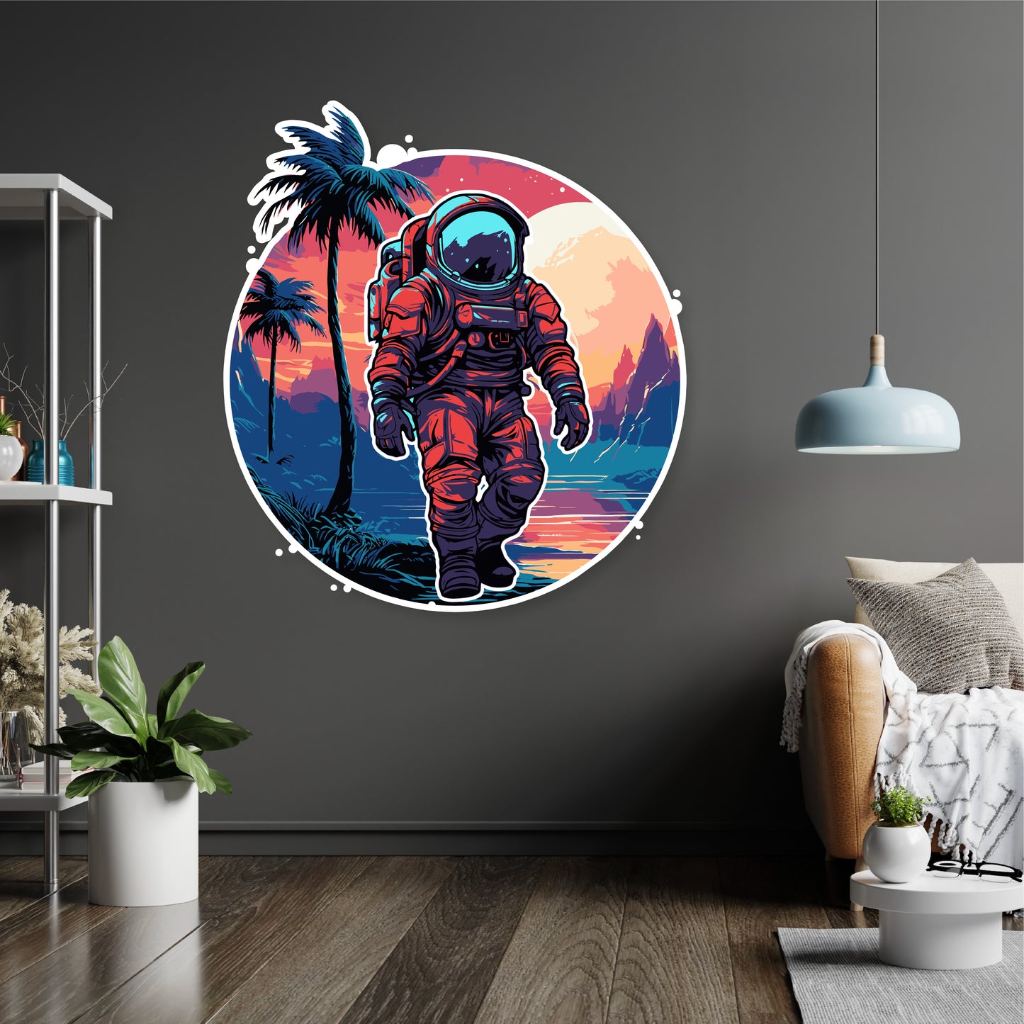 Custom Wall Decals - Cosmic Oasis: Astronaut and Palm Tree Wall Decal Adventure!