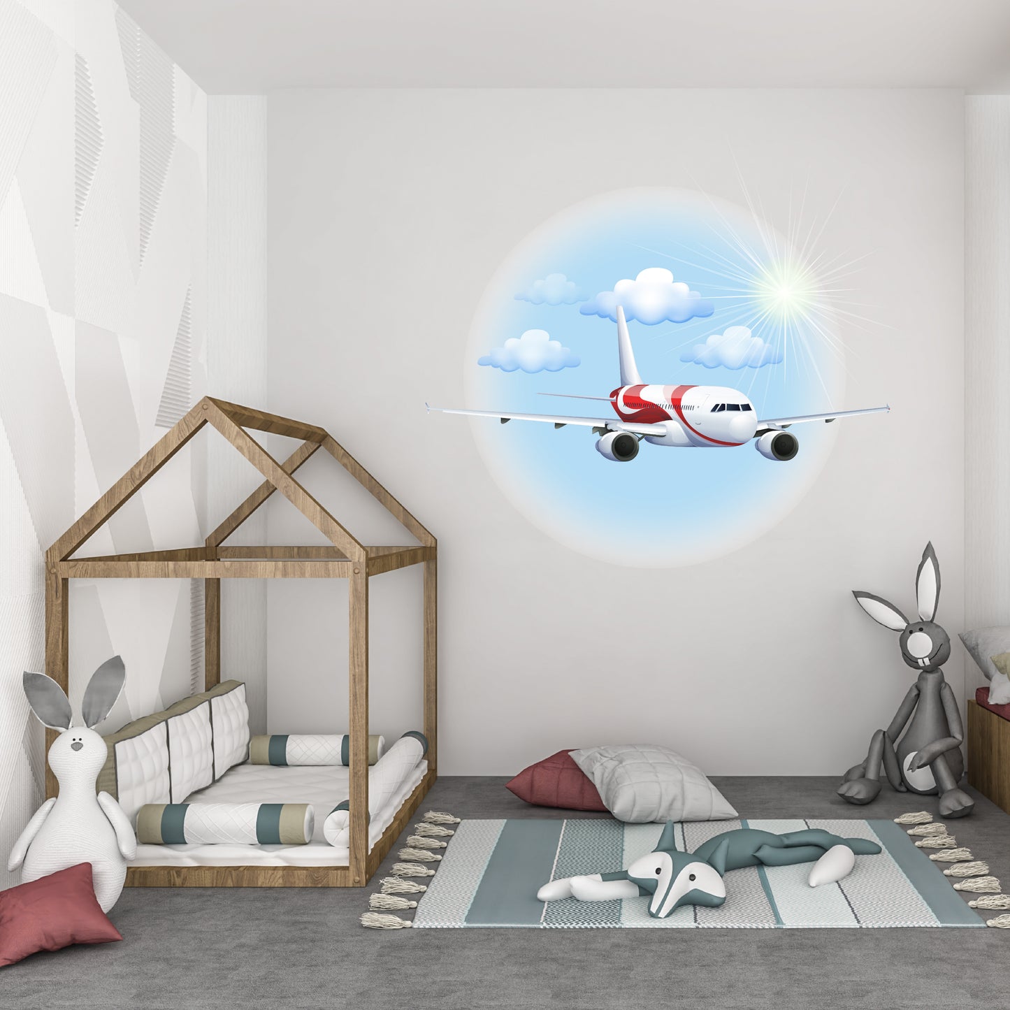 Custom Wall Decals - Sky High Serenity: Airplane, Sun, and Clouds Wall Decal Set