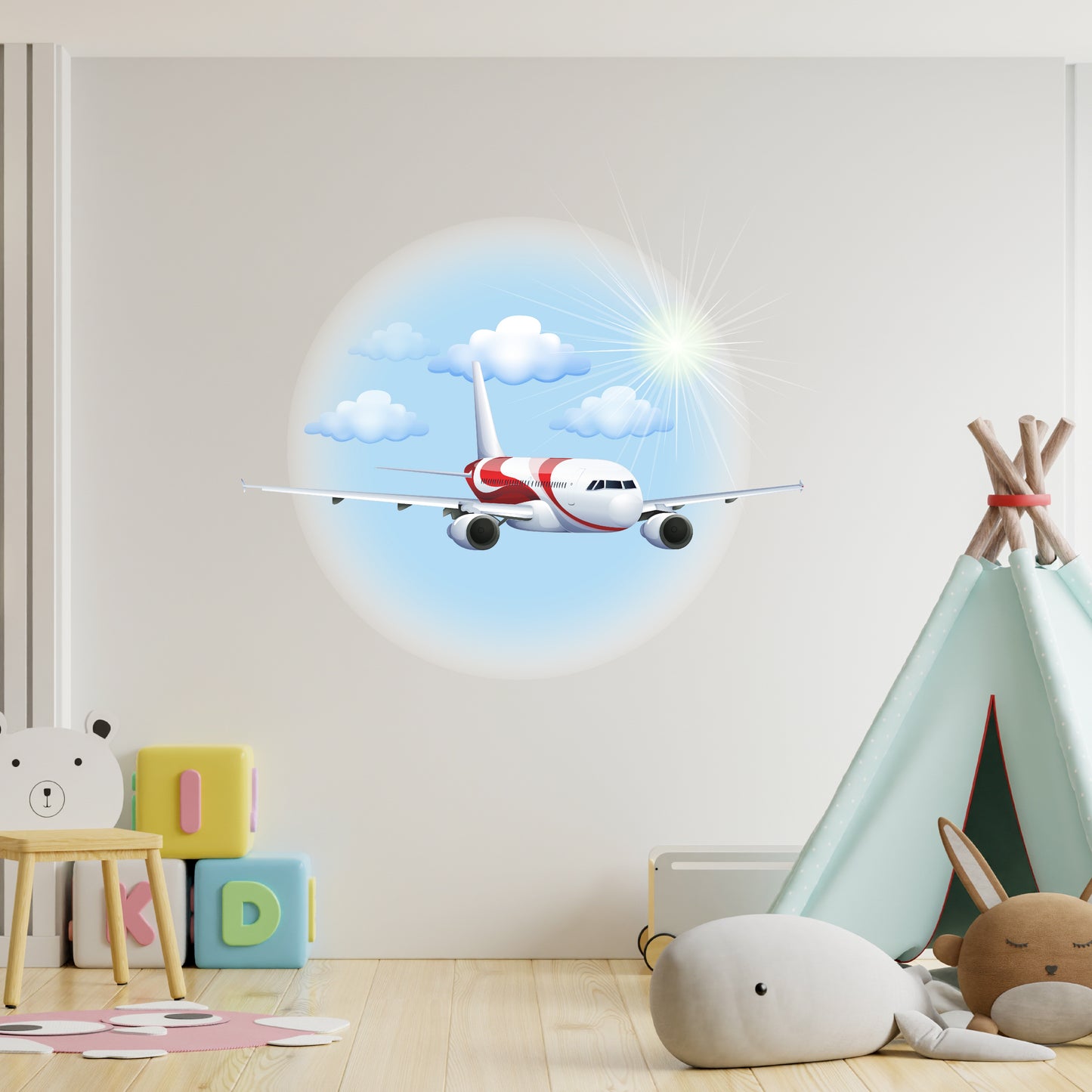 Custom Wall Decals - Sky High Serenity: Airplane, Sun, and Clouds Wall Decal Set