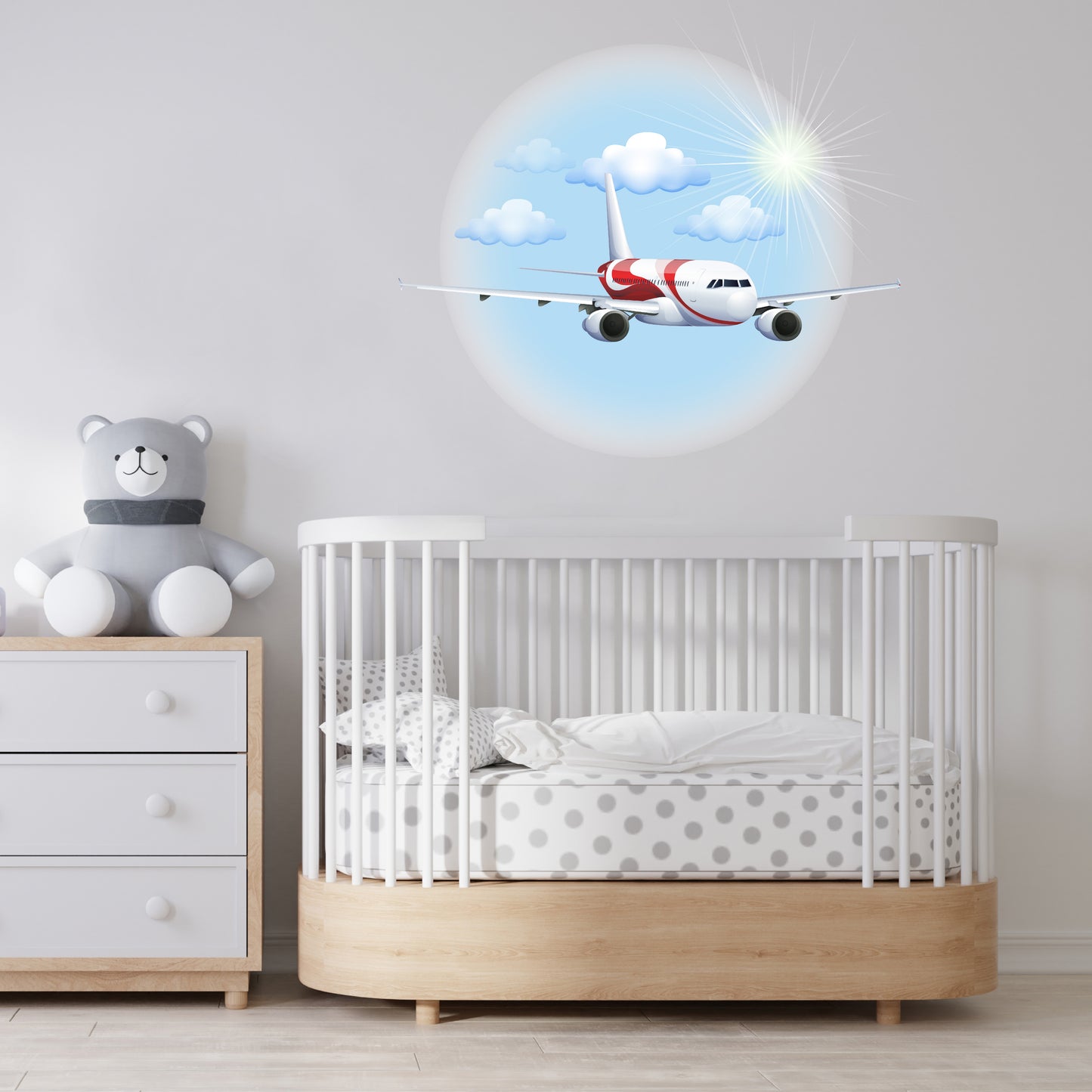 Custom Wall Decals - Sky High Serenity: Airplane, Sun, and Clouds Wall Decal Set