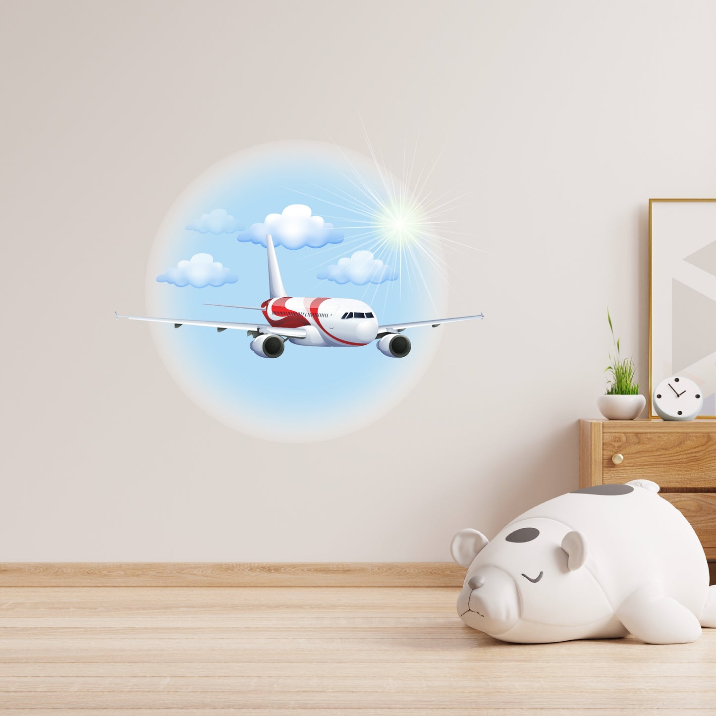 Custom Wall Decals - Sky High Serenity: Airplane, Sun, and Clouds Wall Decal Set