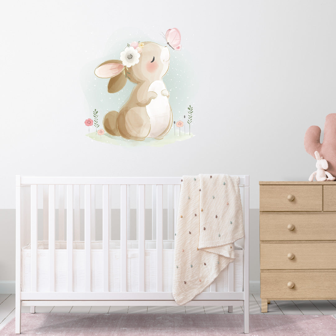 Custom Wall Decals - Whimsical Whiskers: Watercolor Rabbit and Butterfly Wall Decal Fantasy!