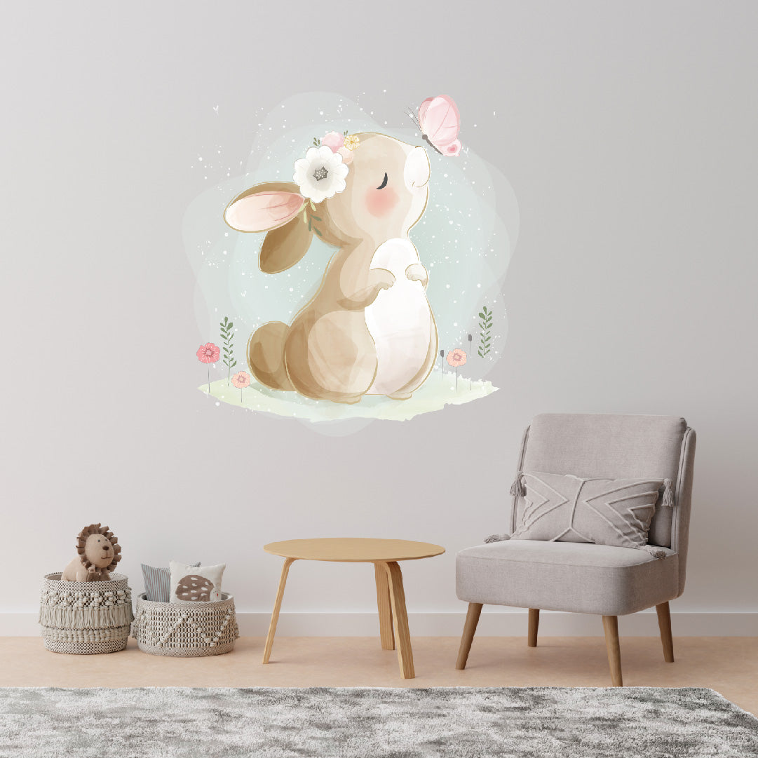 Custom Wall Decals - Whimsical Whiskers: Watercolor Rabbit and Butterfly Wall Decal Fantasy!