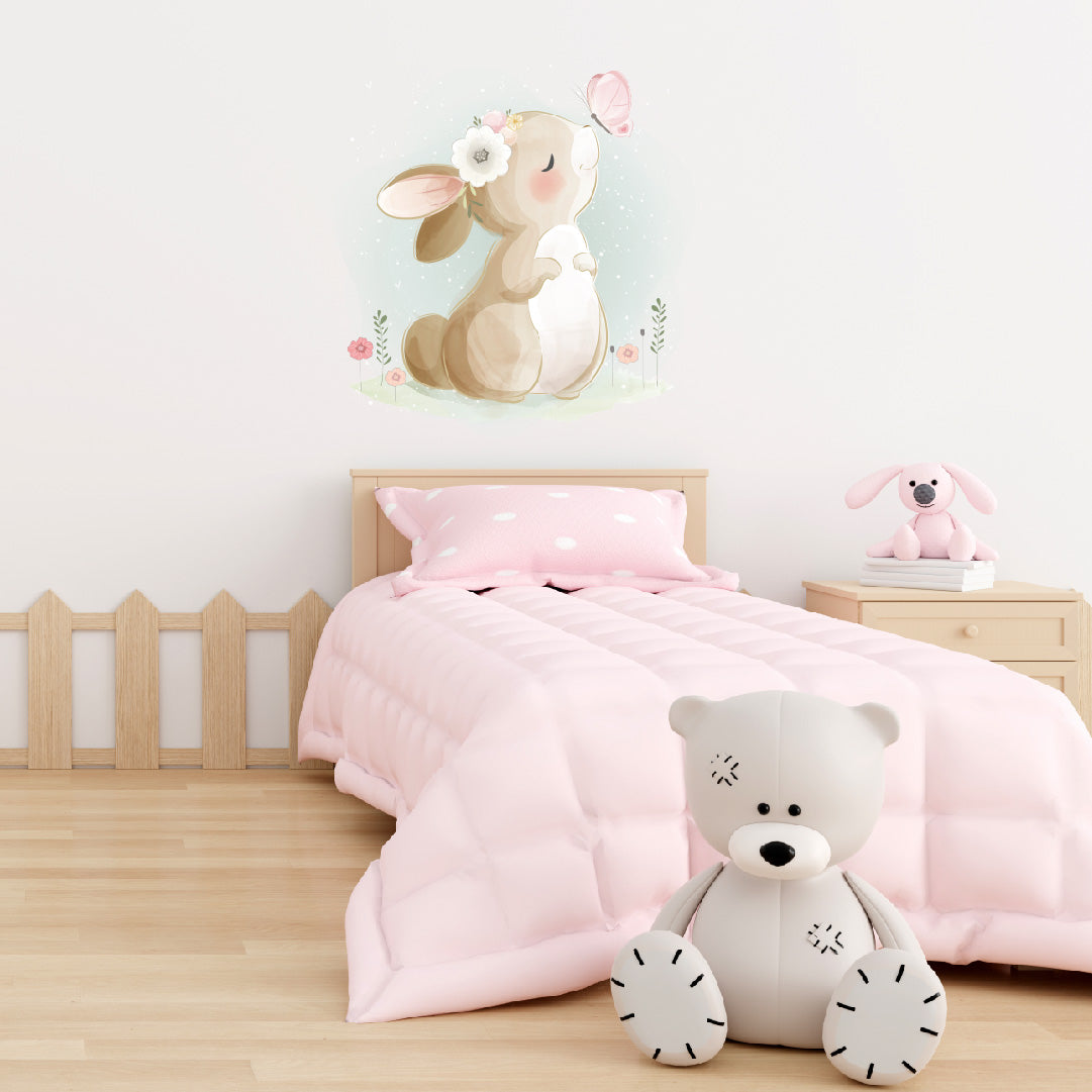 Custom Wall Decals - Whimsical Whiskers: Watercolor Rabbit and Butterfly Wall Decal Fantasy!