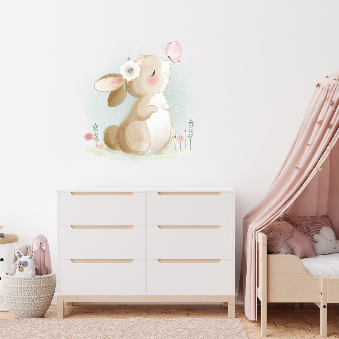 Custom Wall Decals - Whimsical Whiskers: Watercolor Rabbit and Butterfly Wall Decal Fantasy!