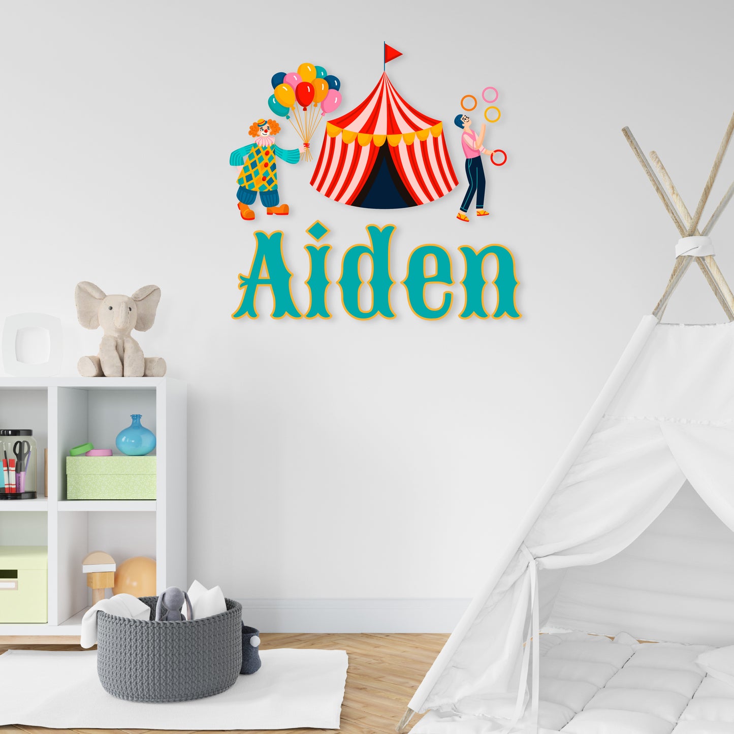 Custom Wall Decals - Custom Name Circus Extravaganza Wall Decal: Juggler, Clown with Balloons