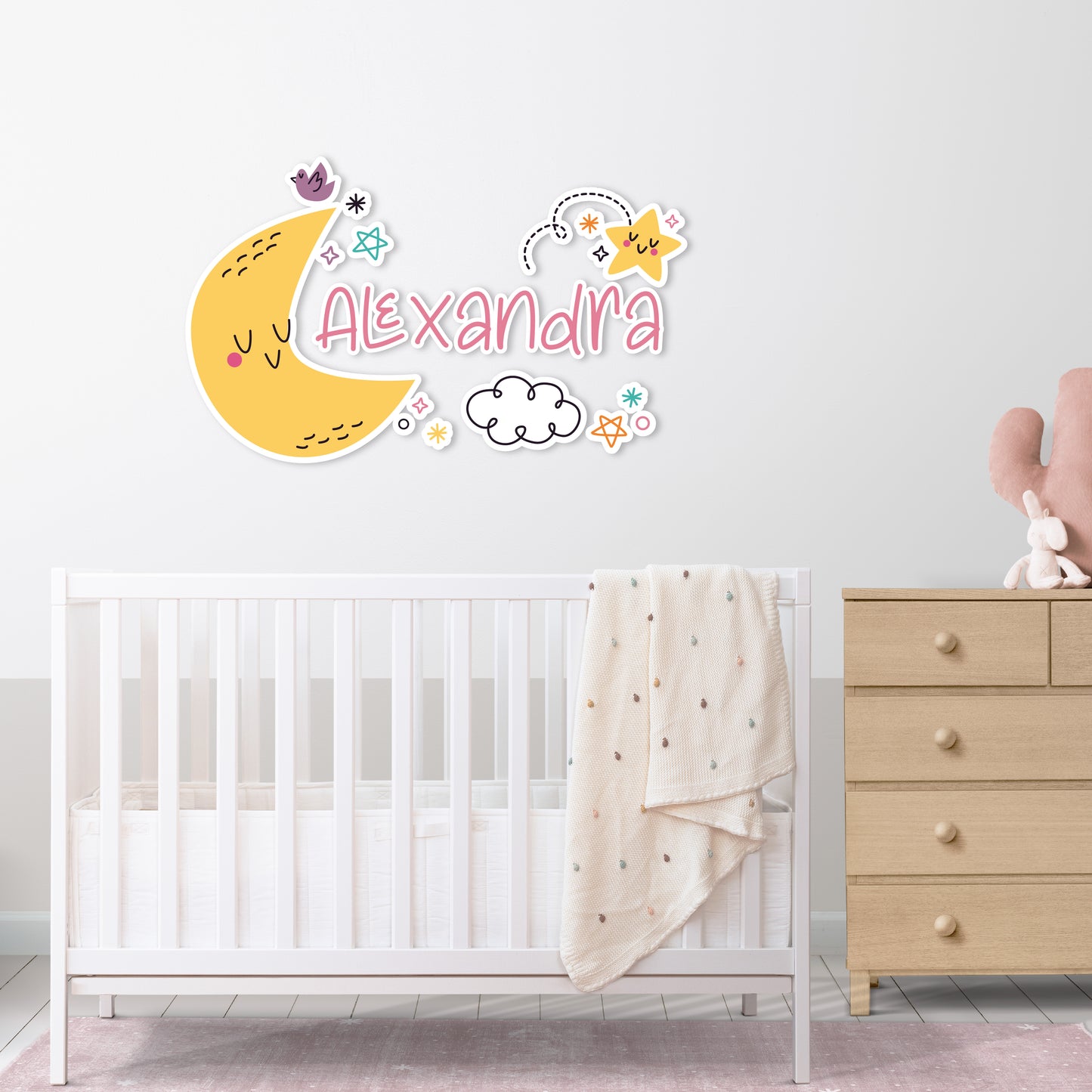 Custom Wall Decals - Custom Name Celestial Symphony Wall Decal: Luna, Clouds, Stars, and Birds